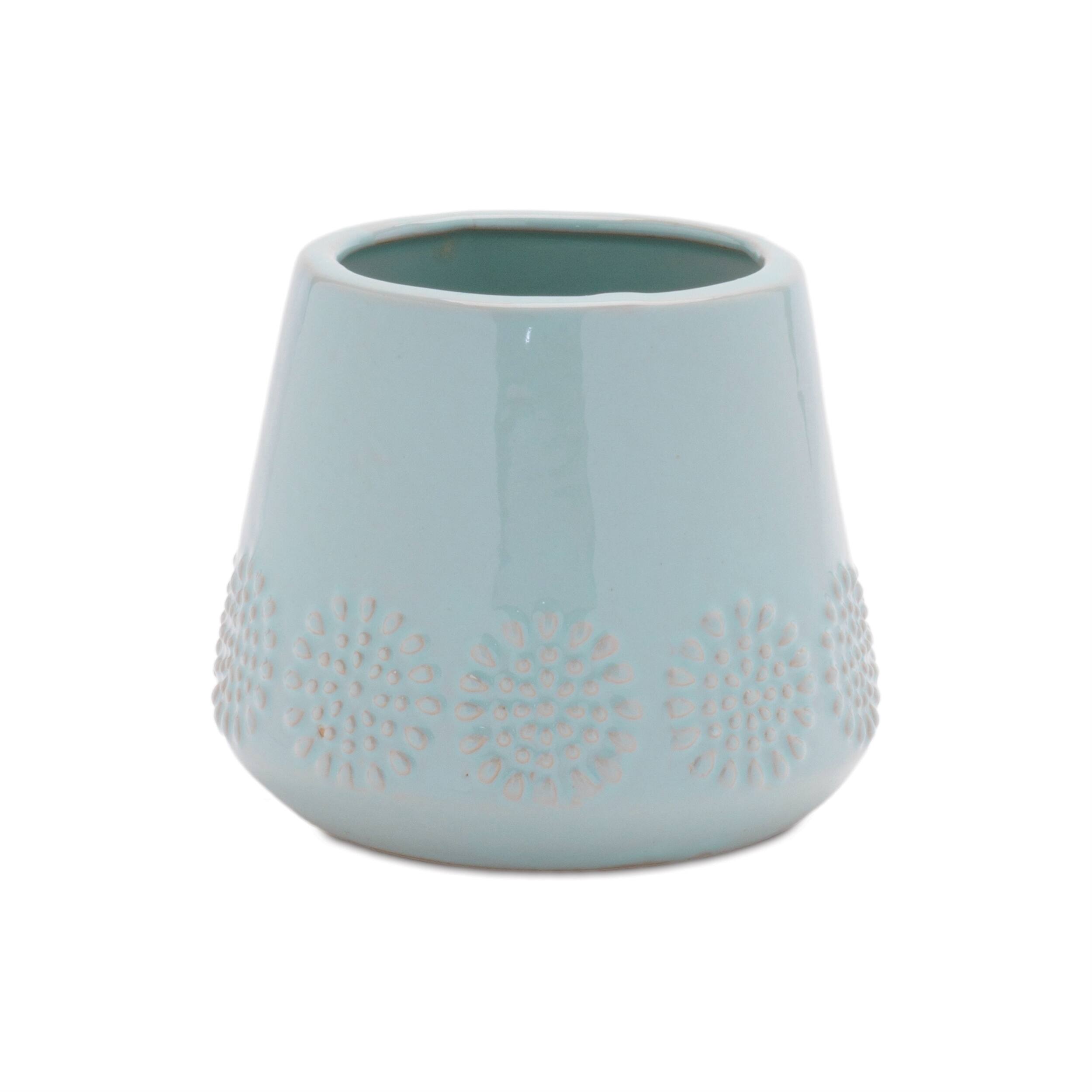 Left. BreeBe - Ceramic Starburst Pattern Planter (Set of 2) - Blue.