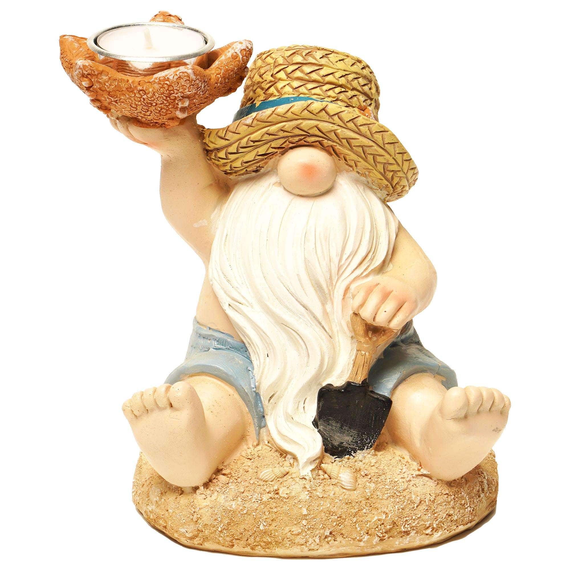 G128 - Ocean Beach Gnome Statue 7 Inch Summer Coastal Gnome Figurine with Starfish & Shovel - beige