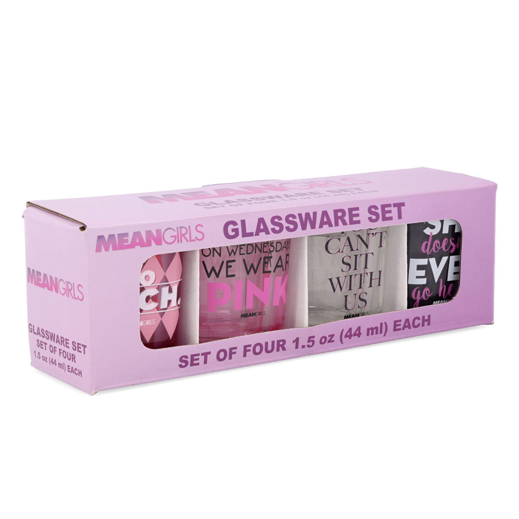 MEAN GIRLS GLASSWARE SET  
SET OF FOUR 1.5 oz (44 ml) EACH  

- ON WEDNESDAY WE WEAR PINK  
- CAN'T SIT WITH US  
- does EVE go he  
- MEAN GIRLS