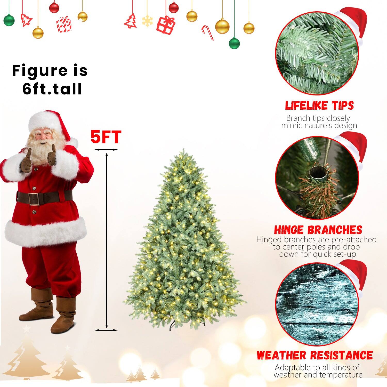 - Figure is 6ft. tall
- 5FT
- LIFELIKE TIPS: Branch tips closely mimic nature's design
- HINGE BRANCHES: Hinged branches are pre-attached to center poles and drop down for quick set-up
- WEATHER RESISTANCE: Adaptable to all kinds of weather and temperature