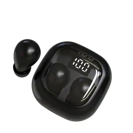Front. PRIMEPLUS - Mini Space Capsule Earbuds, Bluetooth 5.3, 25H Total Battery, LED Display, Comfortable Side-Sleeping Fit - Black.