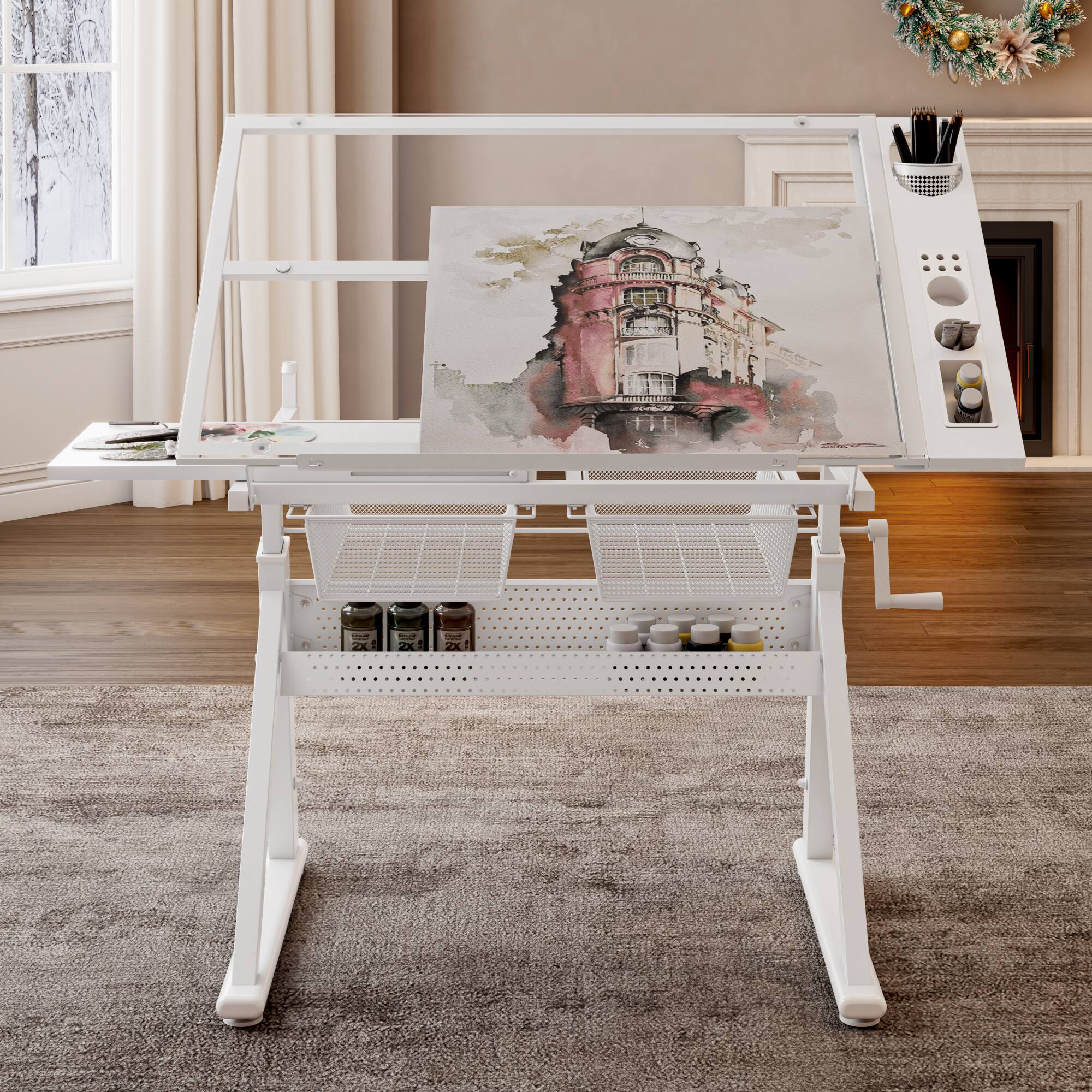 Back. GOODSILO - Adjustable Tempered Glass Drafting Table with Chair and Storage - Hand Crank Height Adjustment for Art and Office Use - White.