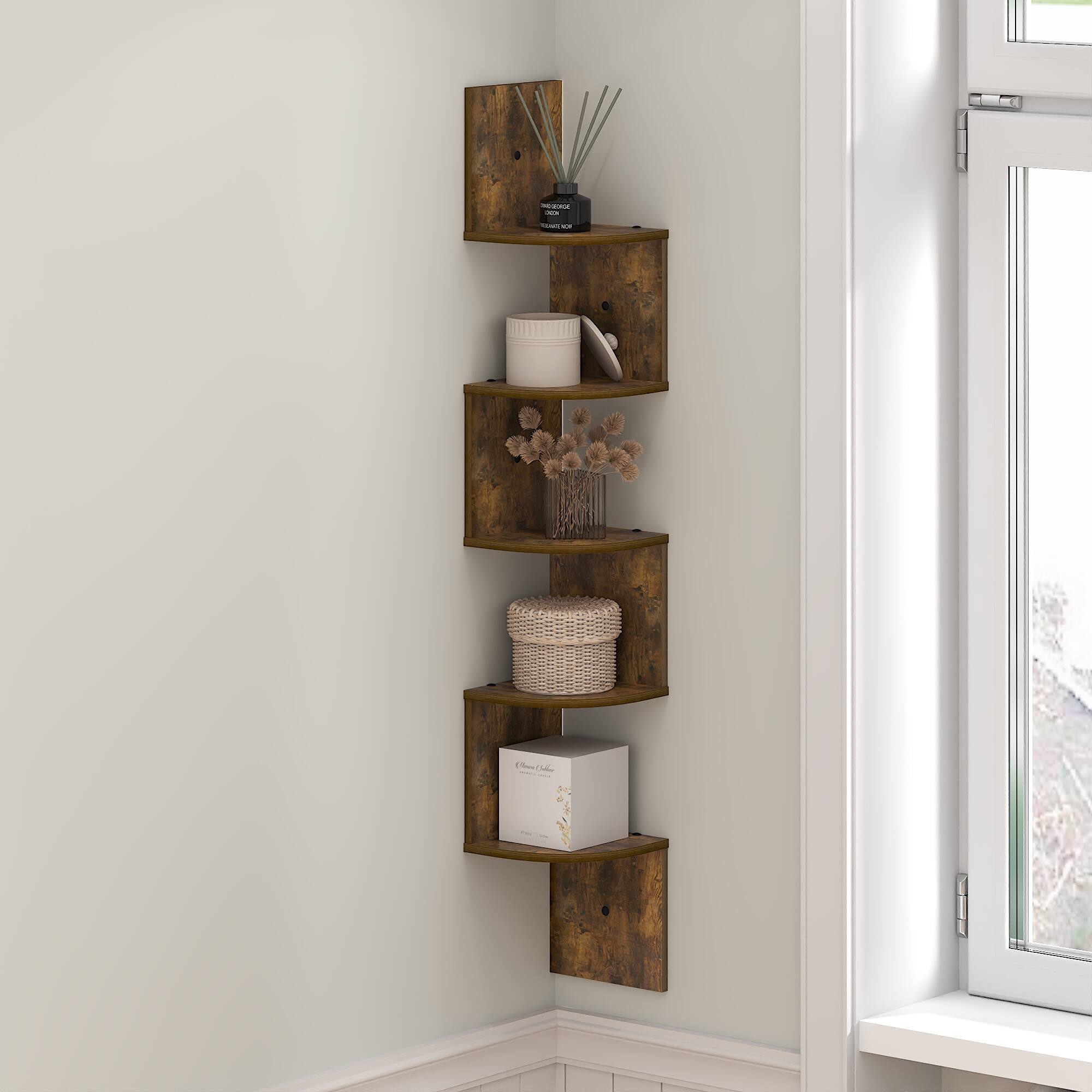 Alt View 1. Furinno - ROSSI Floating Book Shelves for Wall, 5-Tier Zigzag Corner Shelf Wall Mounted, Radial Corner Floating Shelf - Amber Pine.
