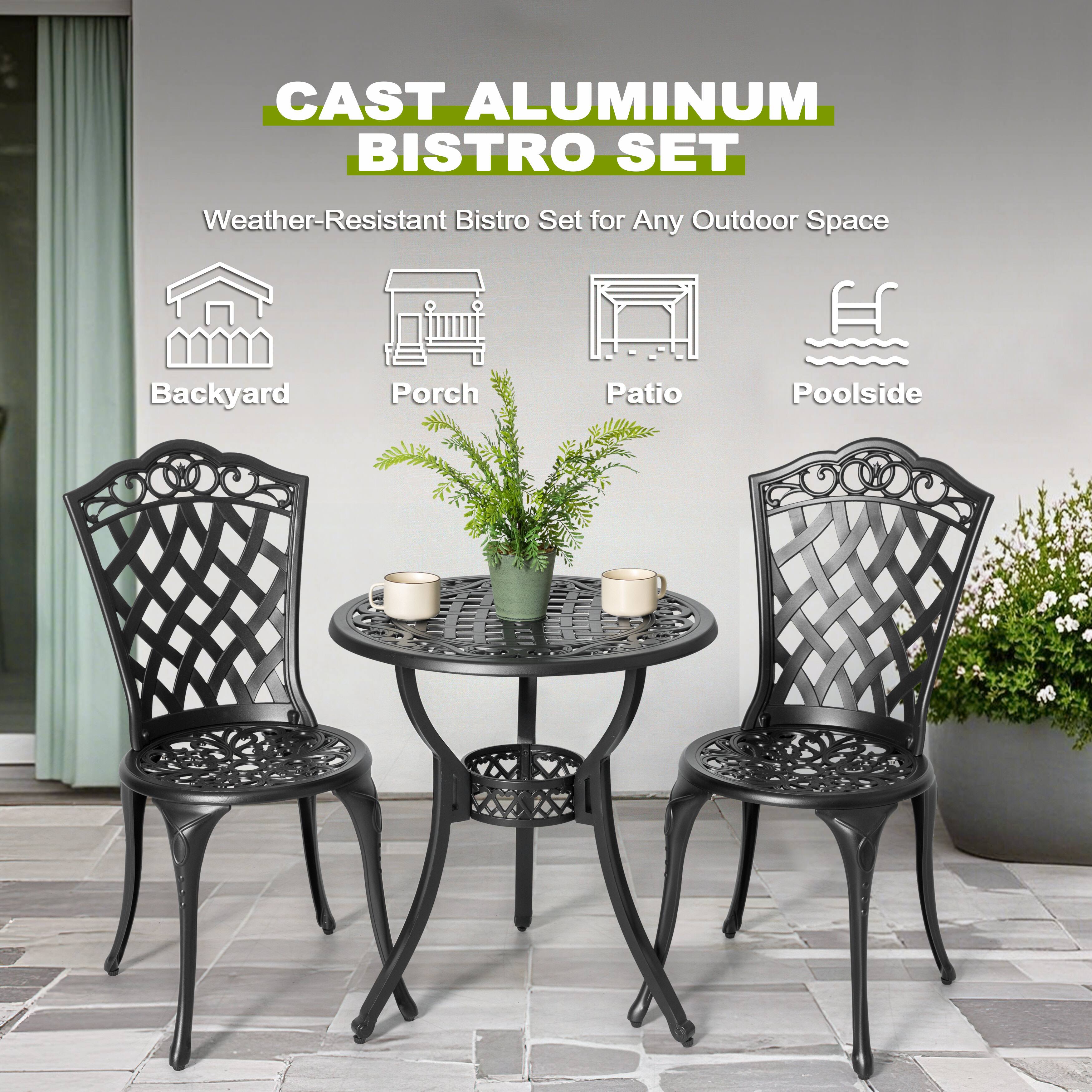 CAST ALUMINUM BISTRO SET  
Weather-Resistant Bistro Set for Any Outdoor Space  

Backyard  
Porch  
Patio  
Poolside