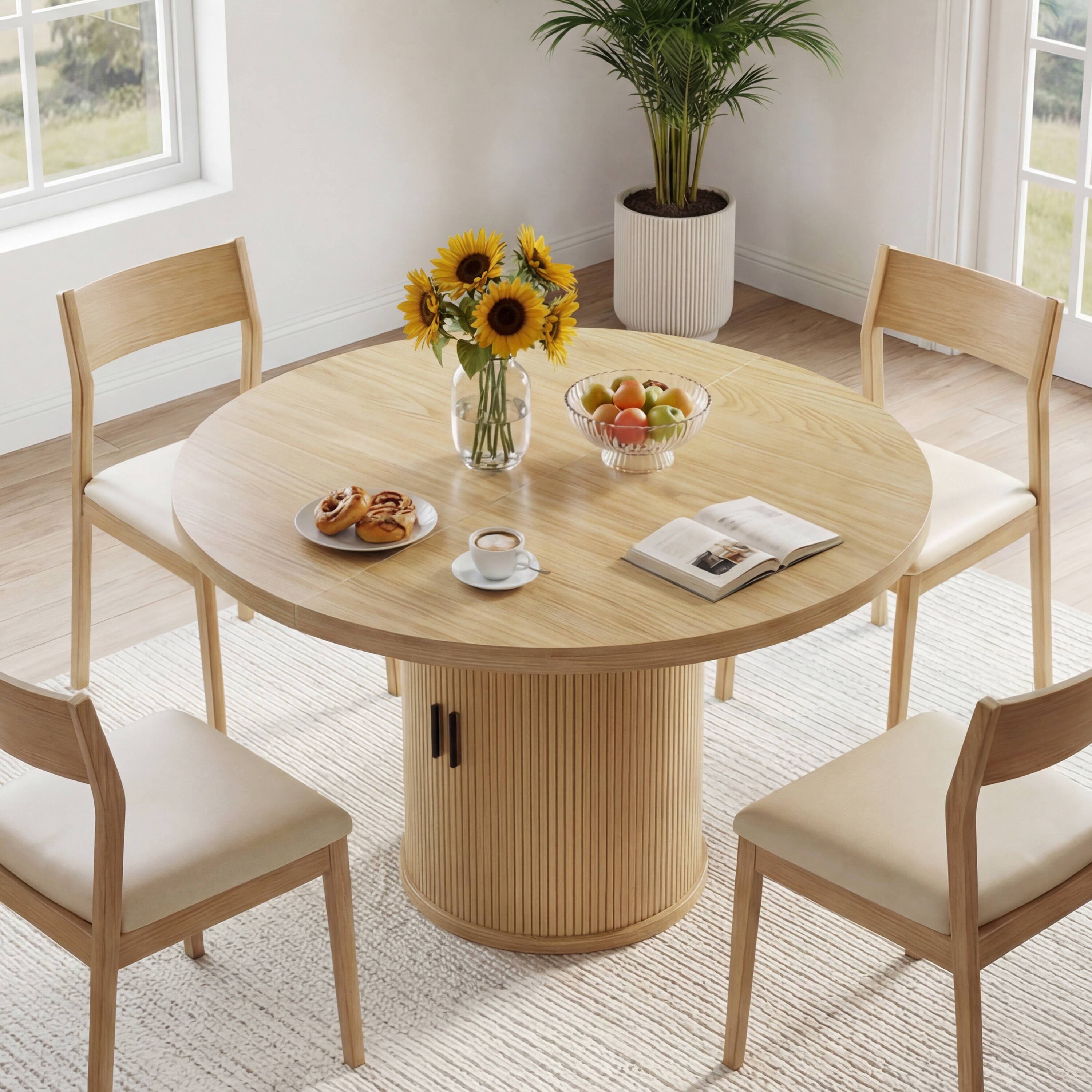 Angle. Dyonery - 35.43-inch Round Wood Dining Table, Grooved Kitchen Dining Table, Round Dining Table with Storage Base, Round - Oak.