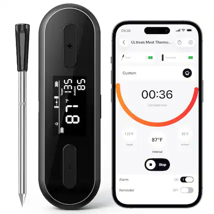 09:36 + ULtrean Meat Thermometer
Probe: Probe Base
Custom
00:36 Estimated time
135°F Target
87°F Internal
85°F Ambient
Stop
Alarm: ON
Reminder: OFF