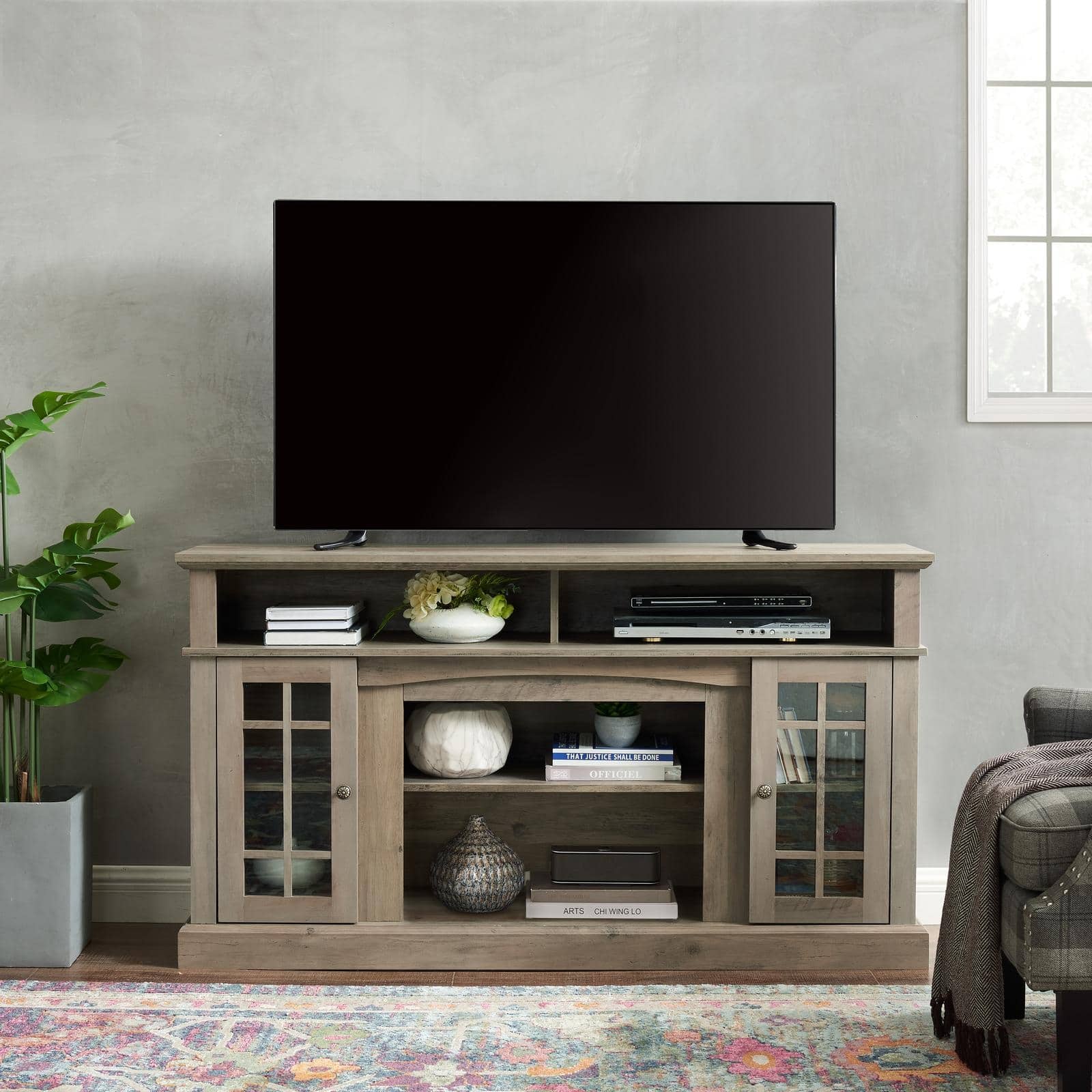 Spaco - TV Stand for 65 Inch TVs, Classic and Modern Console, Open and Closed Storage, for Living Room - Gray Wash