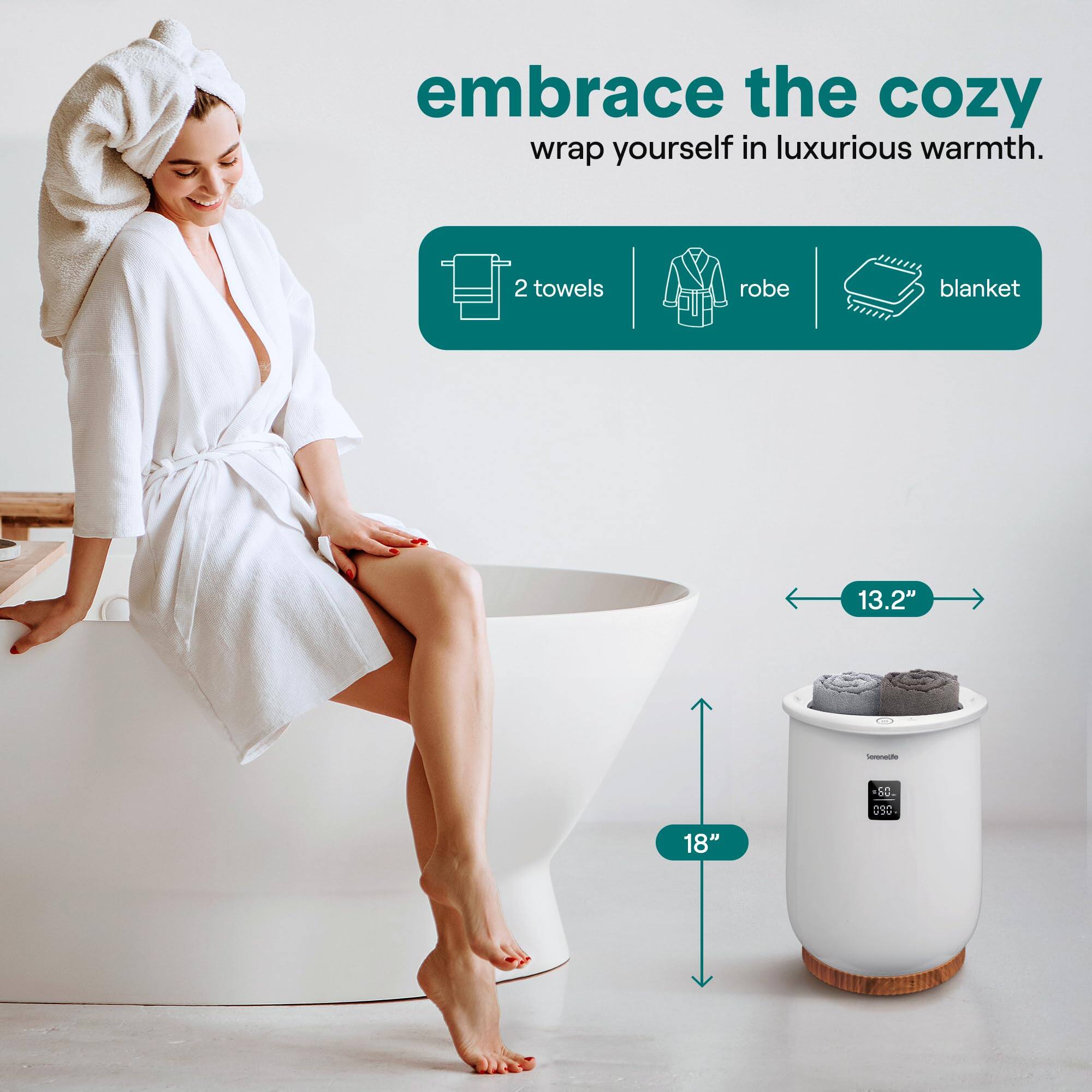 Embrace the cozy. Wrap yourself in luxurious warmth.

2 towels, robe, blanket

13.2" - 18"