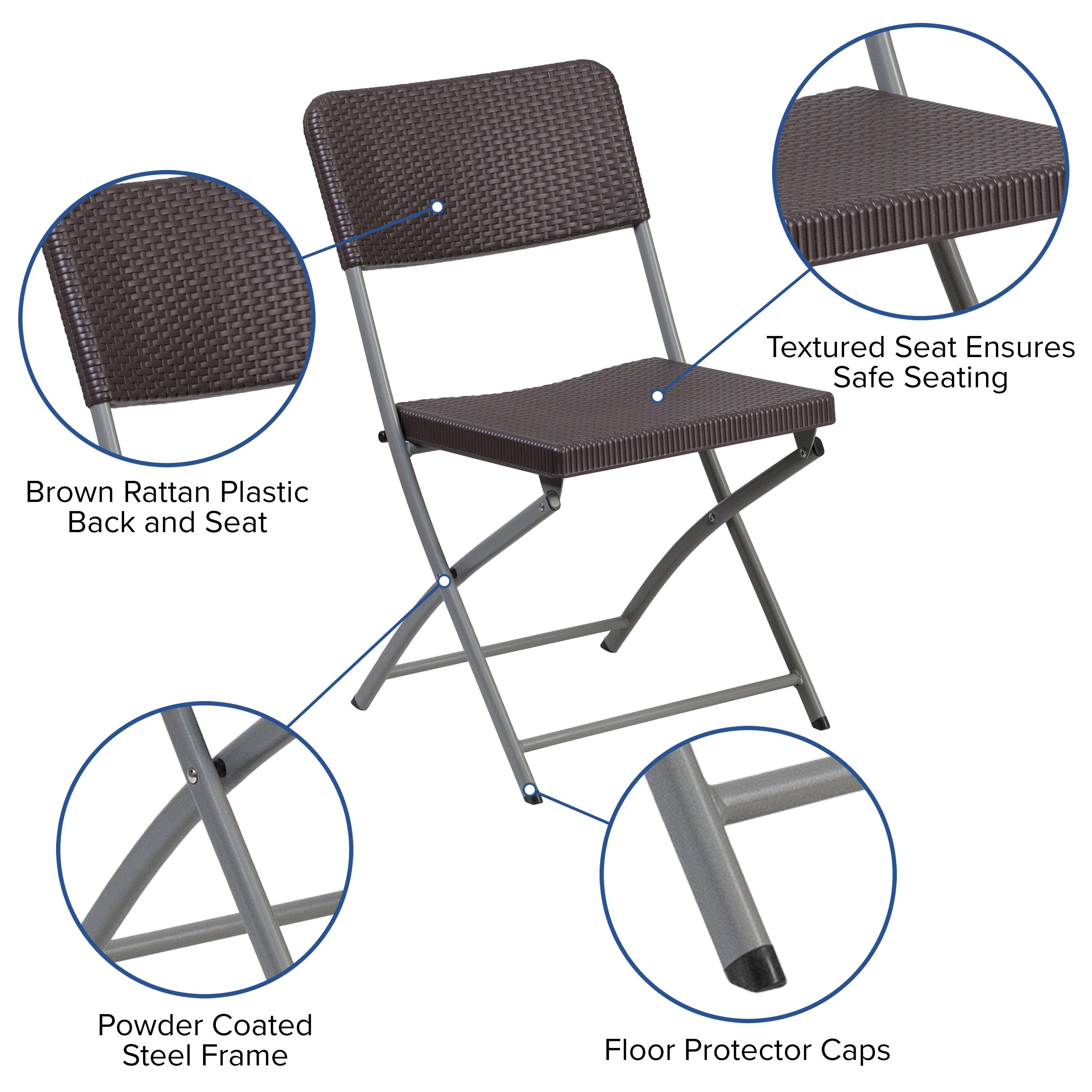 - Textured Seat Ensures Safe Seating
- Brown Rattan Plastic Back and Seat
- Powder Coated Steel Frame
- Floor Protector Caps