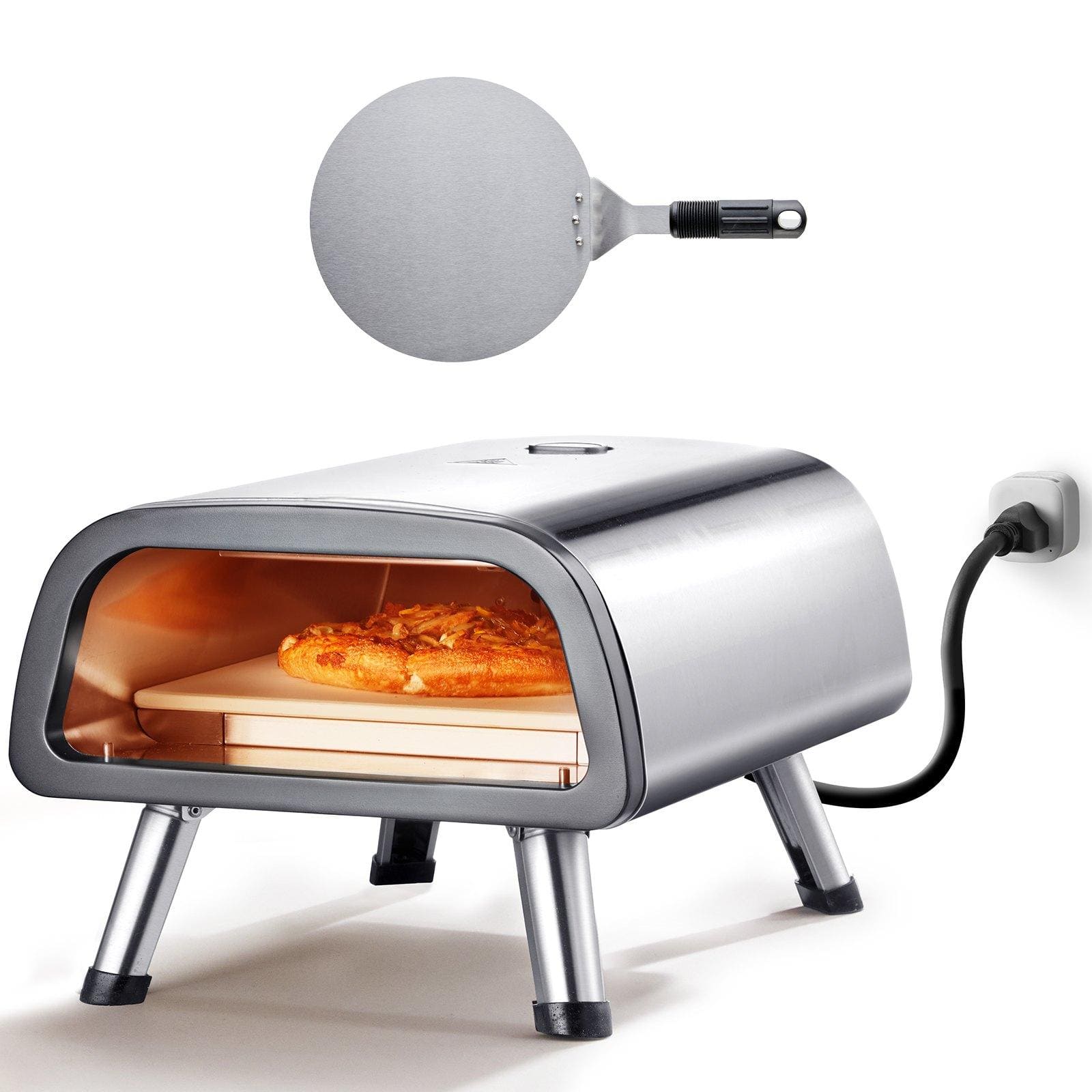 Glintex - 12in Electric Pizza Oven Countertop Maker, Adjustable Temp for Indoor and Outdoor Cooking - Silver