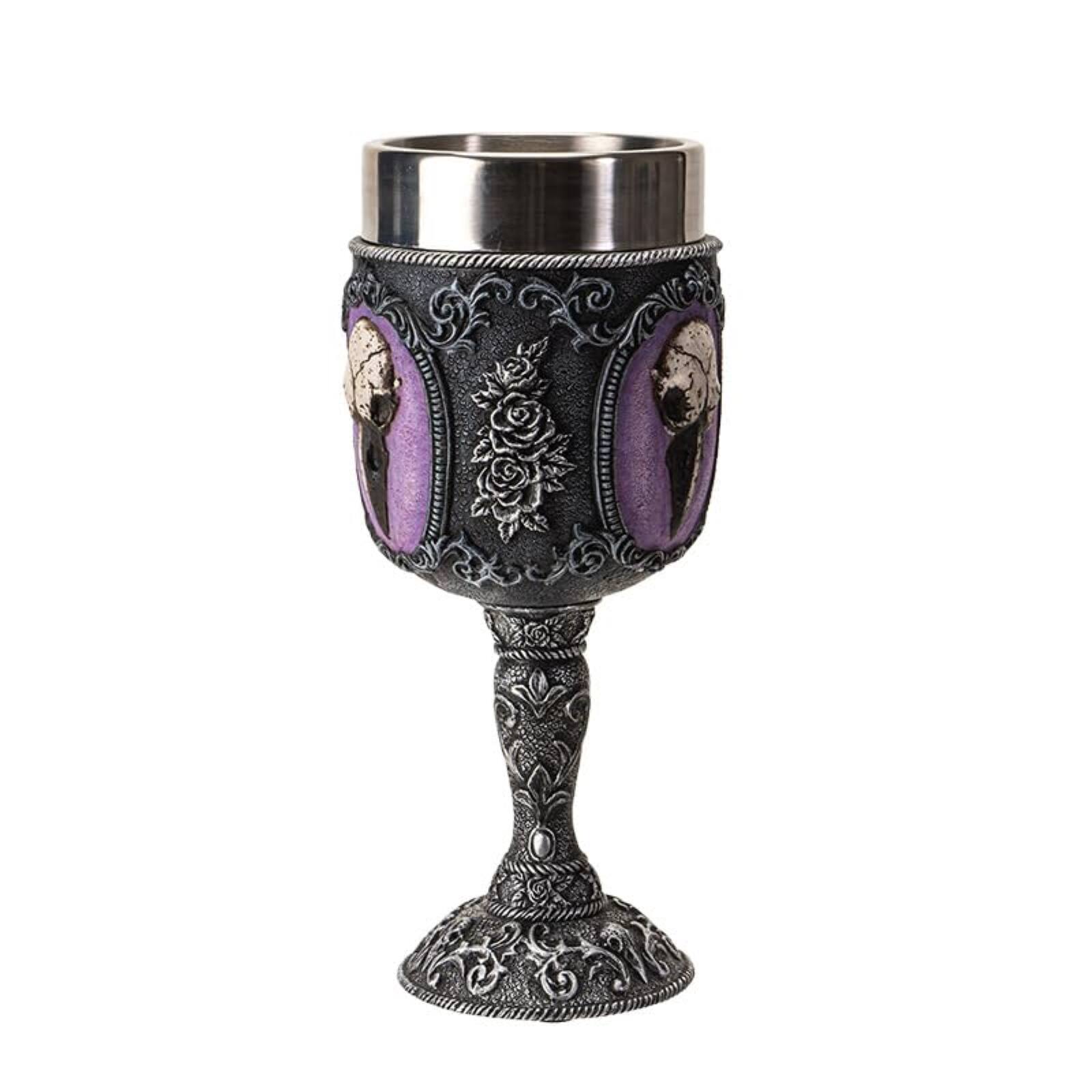 Angle. Pacific Trading - Raven Skull Wine Goblet Chalice Cup Resin Body Stainless Steel Cup 8 ounce - Multicolor.