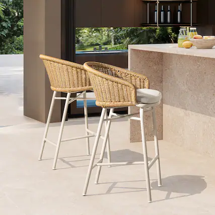 Front. Mondawe - Set of 2 Wicker Back Outdoor Bar Stool - Beige.