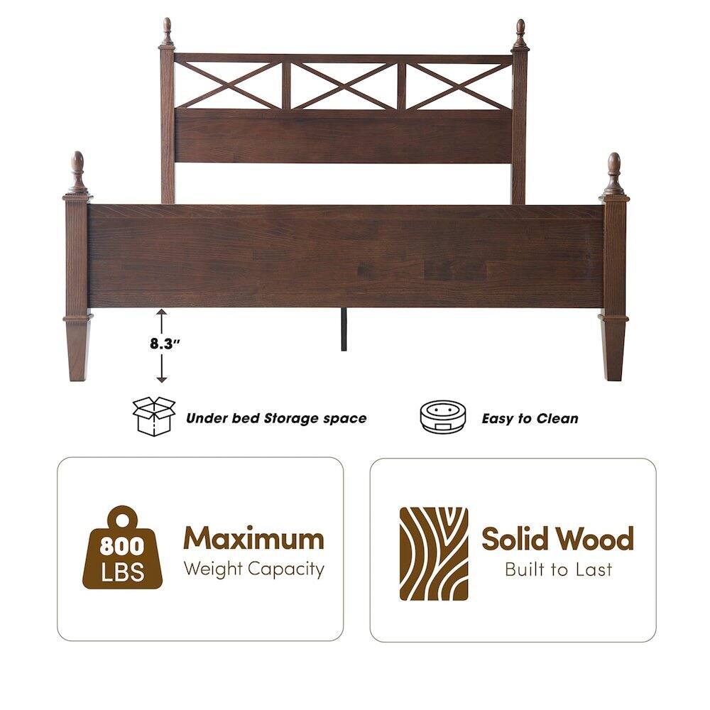 8.3" Under bed Storage space  
Easy to Clean  
800 Maximum LBS Weight Capacity  
Solid Wood Built to Last