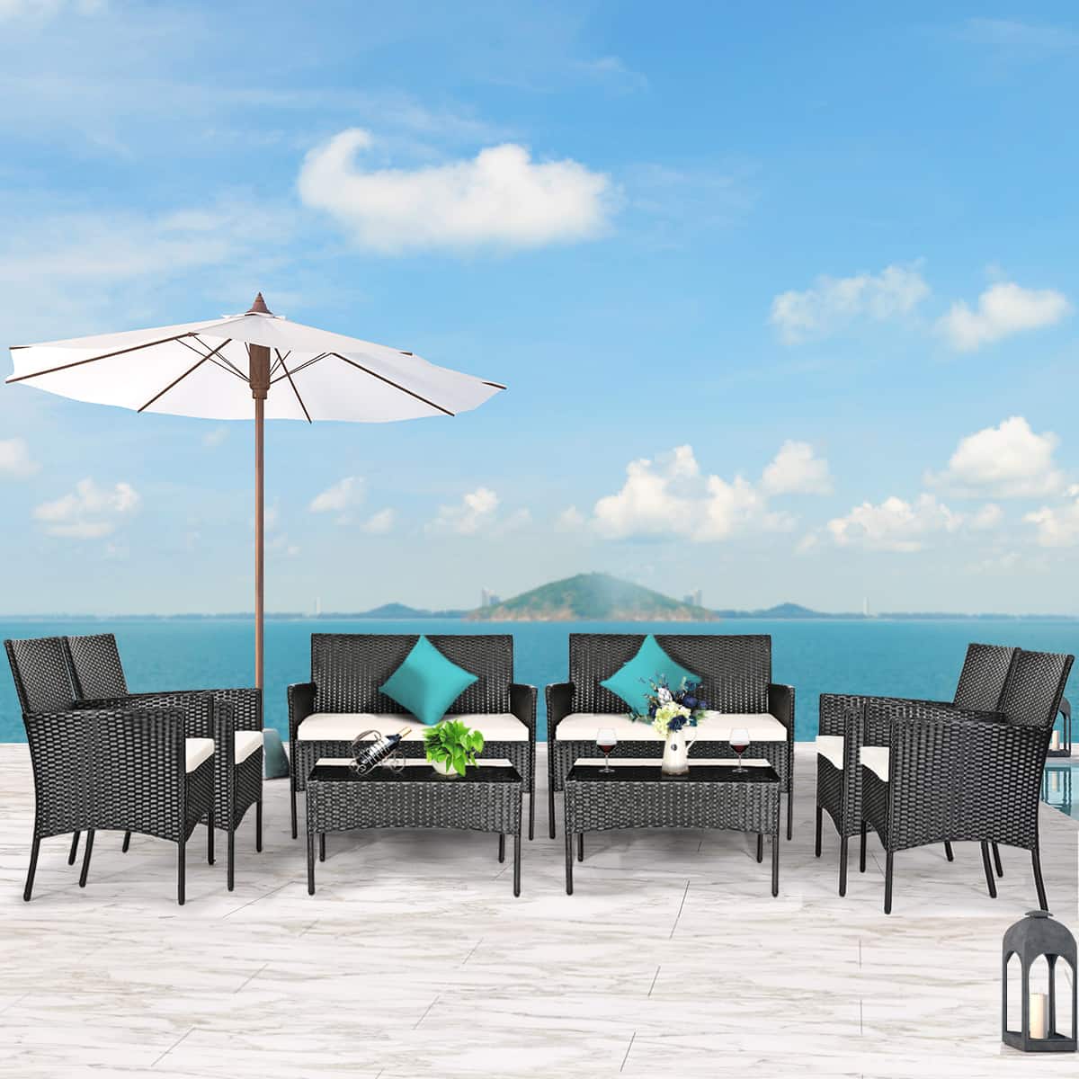 Costway - 8PCS Patio Rattan Cushioned Sofa Coffee Table Backyard Porch - White