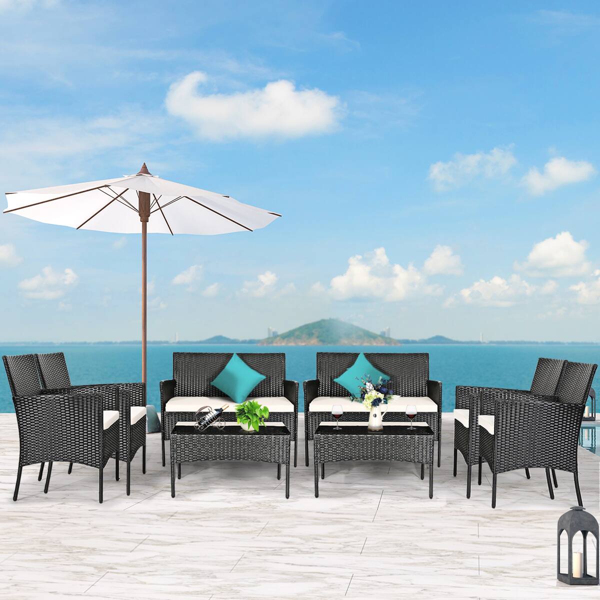 Costway - 8PCS Patio Rattan Cushioned Sofa Coffee Table Backyard Porch - White