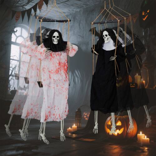 Alt View 10. Winado - 2PCS Halloween Hanging Skeleton Scary Swinging Grim Reapers w/ Lighted Eyes, Creepy Prop for In/Outdoor Party Decoration - Black & White.