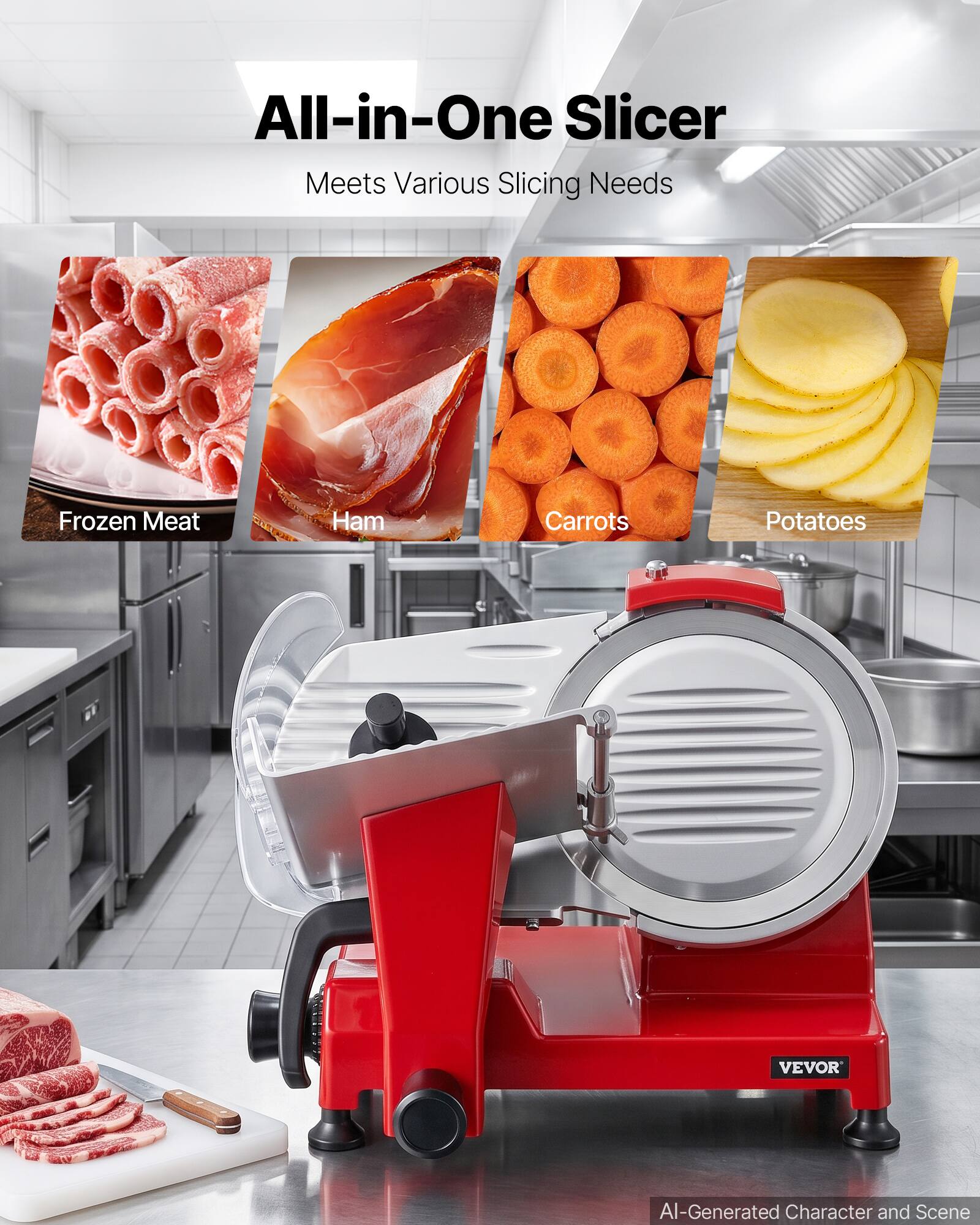 All-in-One Slicer  
Meets Various Slicing Needs  

Frozen Meat  
Ham  
Carrots  
Potatoes  

VEVOR  

AI-Generated Character and Scene