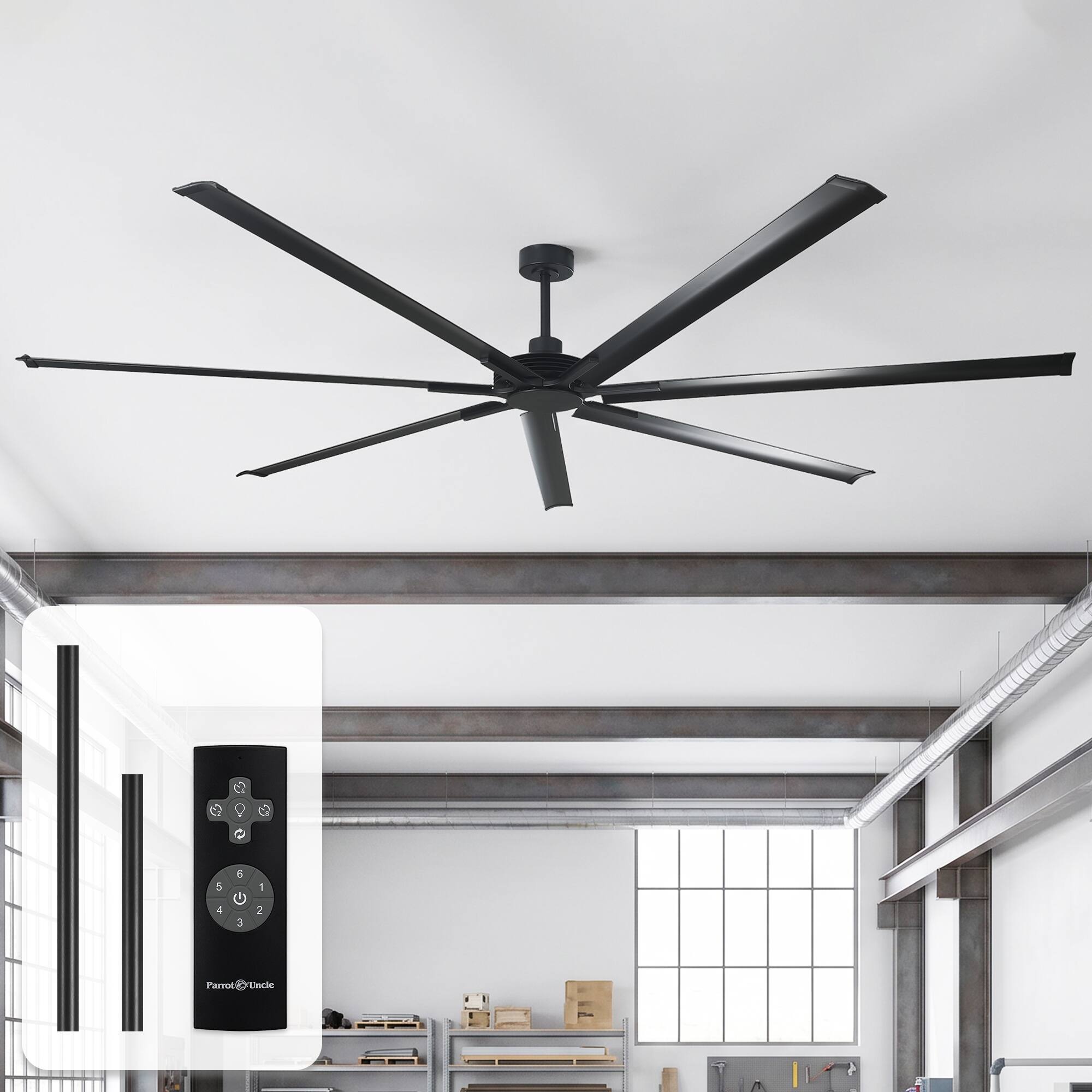 Parrot Uncle - 100-inch Black Industrial Extra Large Commercial HVLS Ceiling Fan without Light, 7 Aluminum Blades and Remote Control - Matte Black