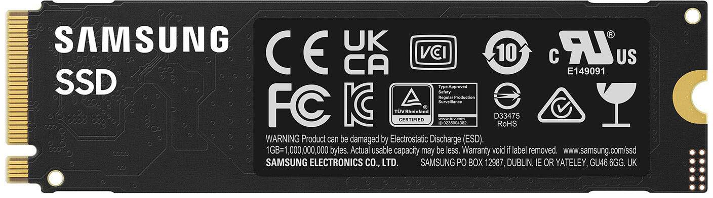 SAMSUNG CE UK VCI 10 LR  US CA E149091 SSD Safety Type Approved Regular Production urveillance FC IC TV CERTIFIED Rheinland ID [www.tuv.com](http://www.tuv.com) 02:5004380 D33475 RoHS WARNING Product can be damaged by Electrostatic Discharge (ESD). 1,000,000,000 bytes. Actual usable capacity may be less. Warranty void if label removed. [www.samsung.com/ssd](http://www.samsung.com/ssd) SAMSUNG ELECTRONICS CO., LTD. SAMSUNG PO BOX 12987, DUBLIN. IE OR YATELEY, GU46 6GG. UK