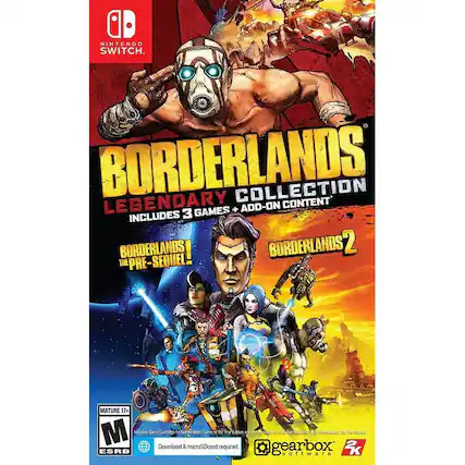 Nintendo Switch
Borderlands Legendary Collection
Includes 3 Games + Add-on Content
Borderlands 2
Borderlands: The Pre-Sequel!
Mature 17+
Includes Game Cartridge for Borderlands: Game of the Year Edition and Borderlands 2: Game of the Year Edition
Download & microSD card required
Gearbox Software
2K
ESRB - M (Mature 17+)