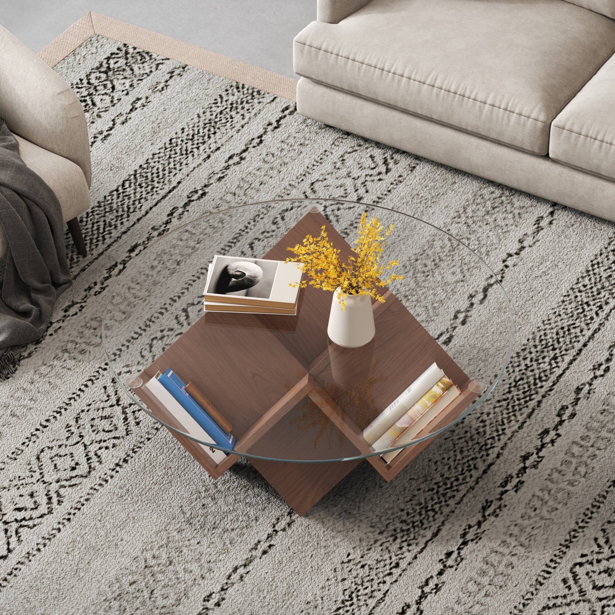 Back. GOODSILO - Round Coffee Table with Tempered Glass Top and Geometric Art Deco Style Storage Base - Walnut.