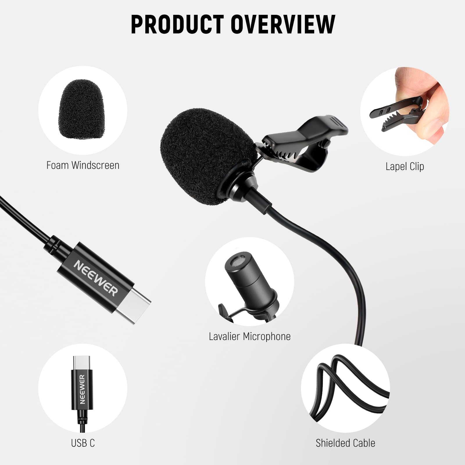 PRODUCT OVERVIEW

- Foam Windscreen
- Lapel Clip
- Lavalier Microphone
- USB C
- Shielded Cable