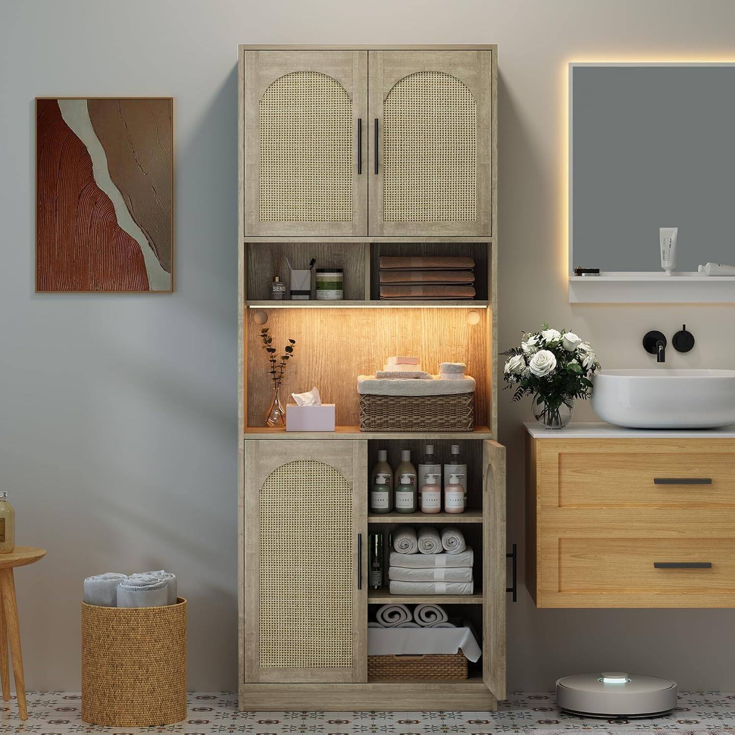 Left. Homhougo - 71" Tall Pantry Cabinet, LED Light, Microwave Shelf, Adjustable Storage, Oak - Oak.