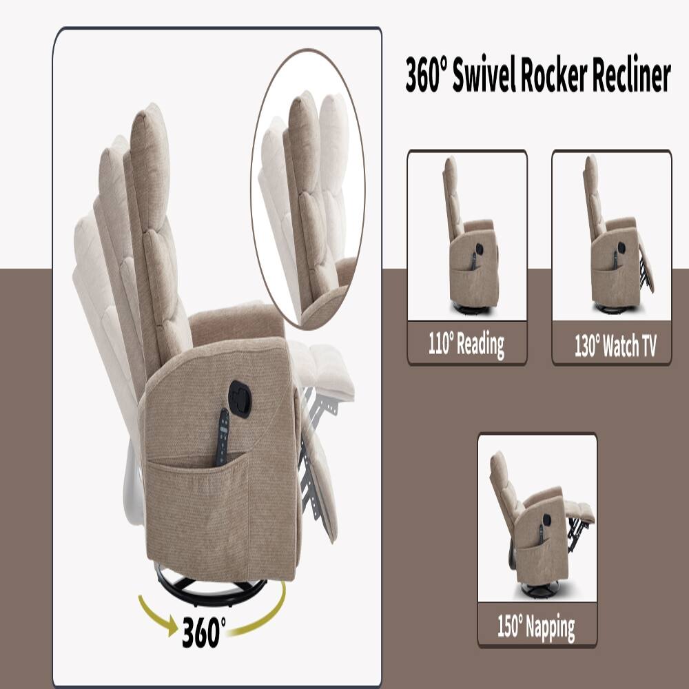 360° Swivel Rocker Recliner

110° Reading

130° Watch TV

360°

150° Napping