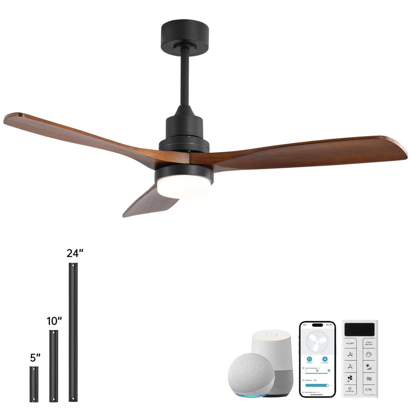 Sofucor - 52 Inch Smart Ceiling Fan Integrated LED Light Kit with Remote/APP/Alexa Control For Farmhouse Bedroom Living Room - Black