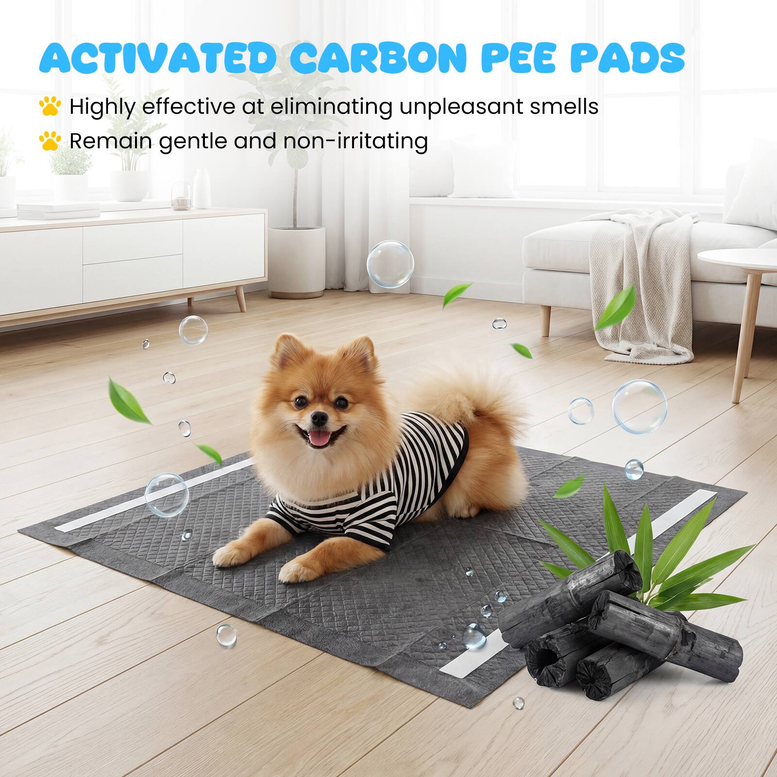 ACTIVATED CARBON PEE PADS

- Highly effective at eliminating unpleasant smells
- Remain gentle and non-irritating