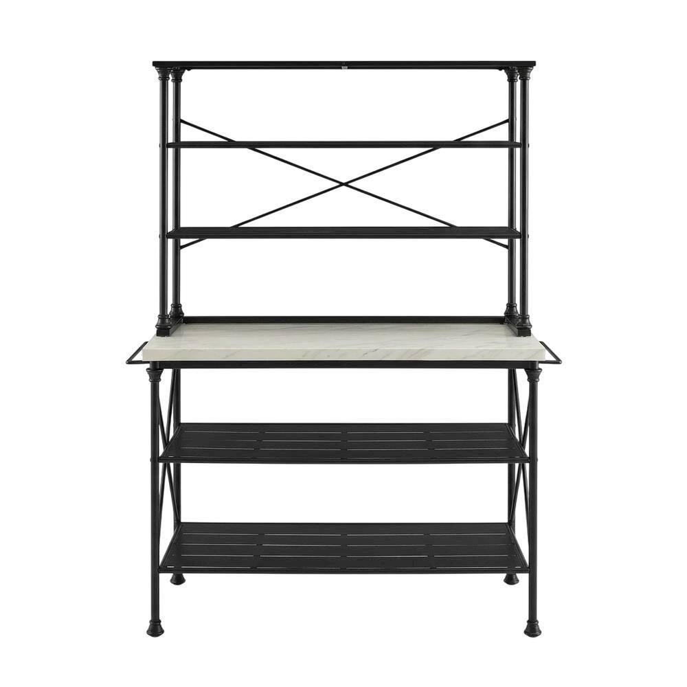 Back. FurniFact - Matte Black Kitchen Island and Hutch Set with Anti-Tip Safety Features - White Marble.