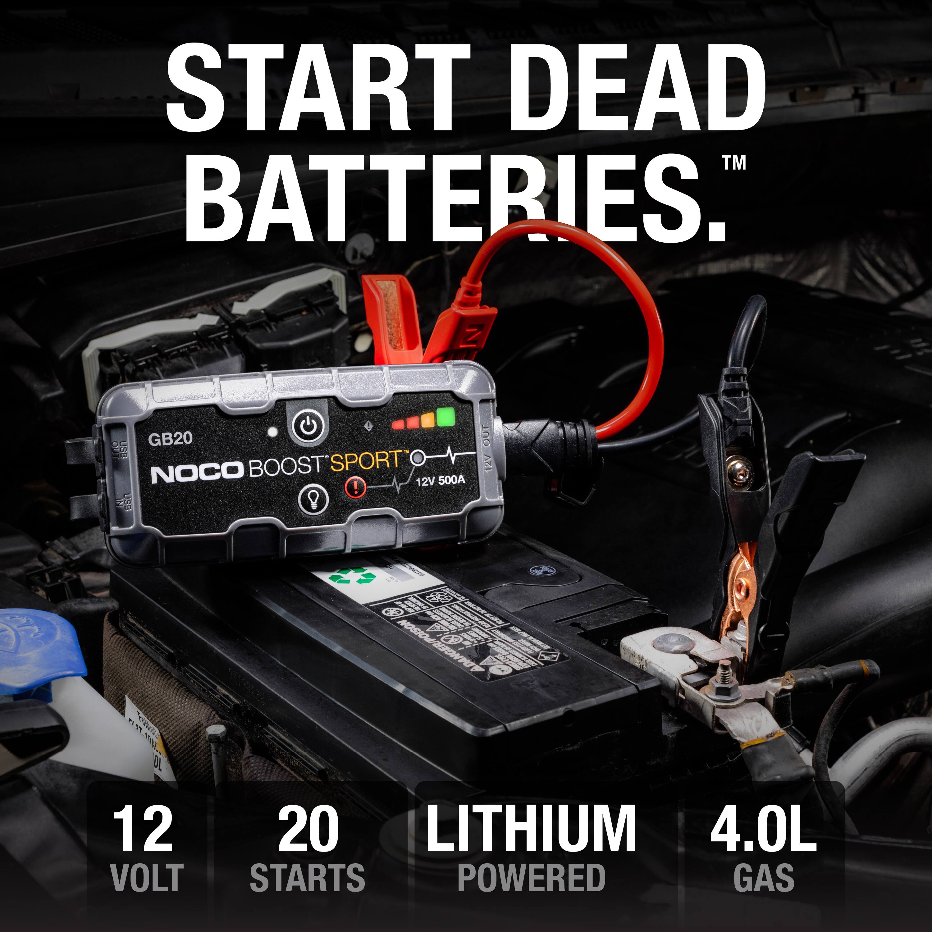 START DEAD BATTERIES™

NOCO BOOST SPORT™

GB20

12V 500A

12 VOLT

20 STARTS

LITHIUM POWERED

4.0L GAS