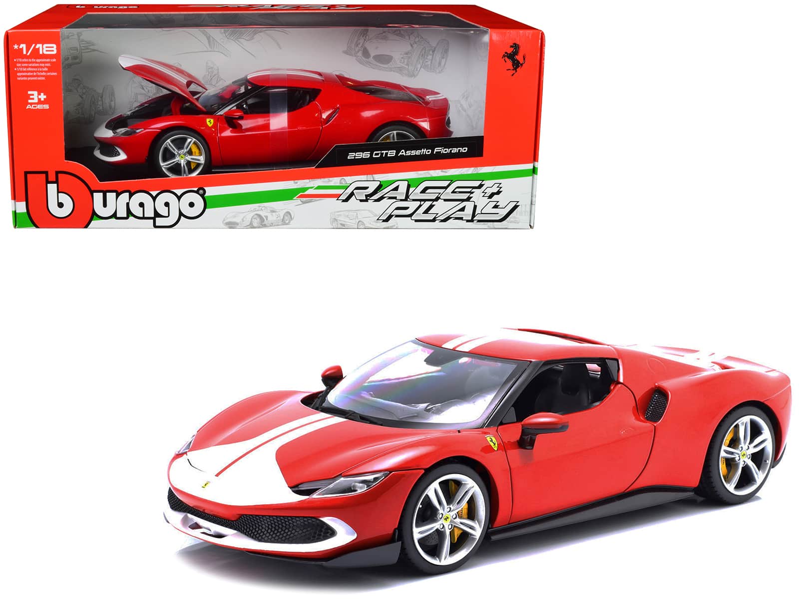 "Ferrari 296 GTB Assetto Fiorano Red with White Stripes ""Race + Play"" Series 1/18 Diecast Model Car by Bburago" price history on PriceWatchPro