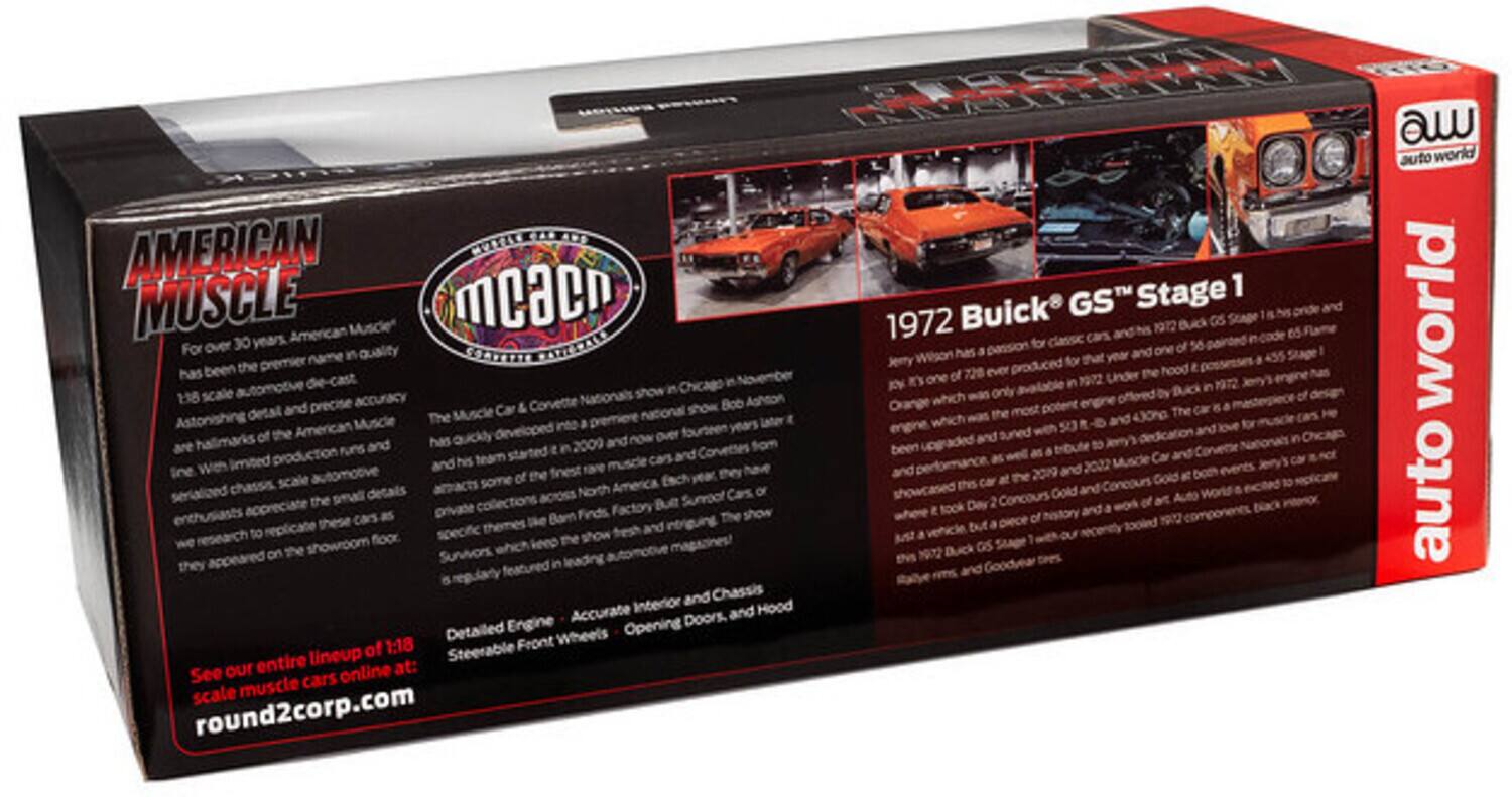 AMERICAN MUSCLE

For over 30 years, American Muscle has been the premier name in quality 1:18 scale automotive die-cast. Automotive detail and precise accuracy are hallmarks of the American Muscle line. With limited production runs, each die-cast is a collector's item. The 1972 Buick GS Stage 1 is one of the most popular muscle cars of all time. The car was produced for that year and has a 455 cubic inch engine. The car was originally painted in a Gold and Black Flame Hood. 

See our entire lineup of 1:18 scale muscle cars online at: round2corp.com

1972 Buick GS Stage 1

auto world