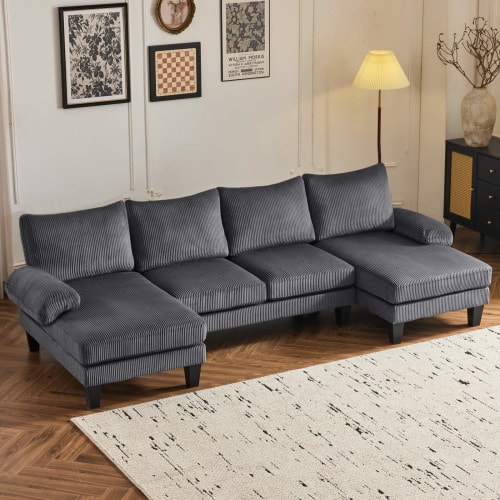 Winado - U-Shape Sectional Sofa Couch Corduroy Fabric Upholstered Covertible Couch - Gray
