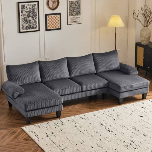 Winado - U-Shape Sectional Sofa Couch Corduroy Fabric Upholstered Covertible Couch - Gray