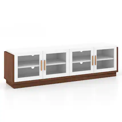 Front. SlickBlue - Spacious Media Console TV Stand with 4 Tempered Glass Doors for TVs Up to Size - Brown, White.