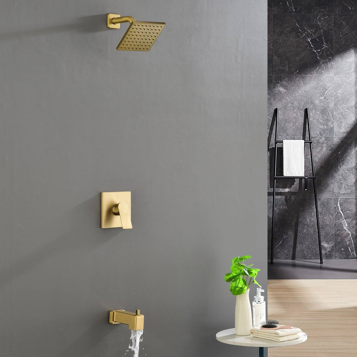 Alt View 4. Boyel Living - Brushed Gold Shower Set with 6 Inch Square Shower Head and Pressure Balance Valve - Brushed Gold.