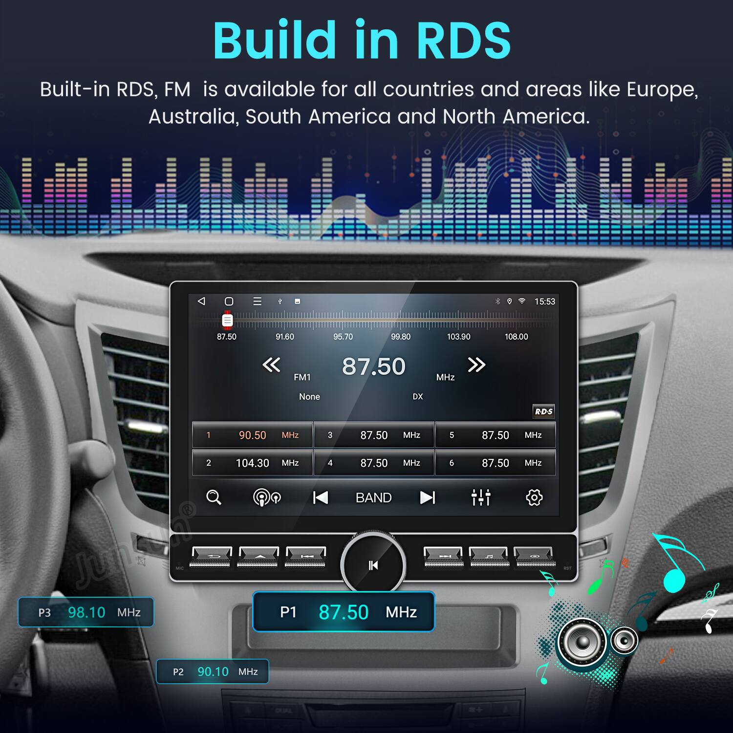 Build in RDS  
Built-in RDS, FM is available for all countries and areas like Europe, Australia, South America and North America.