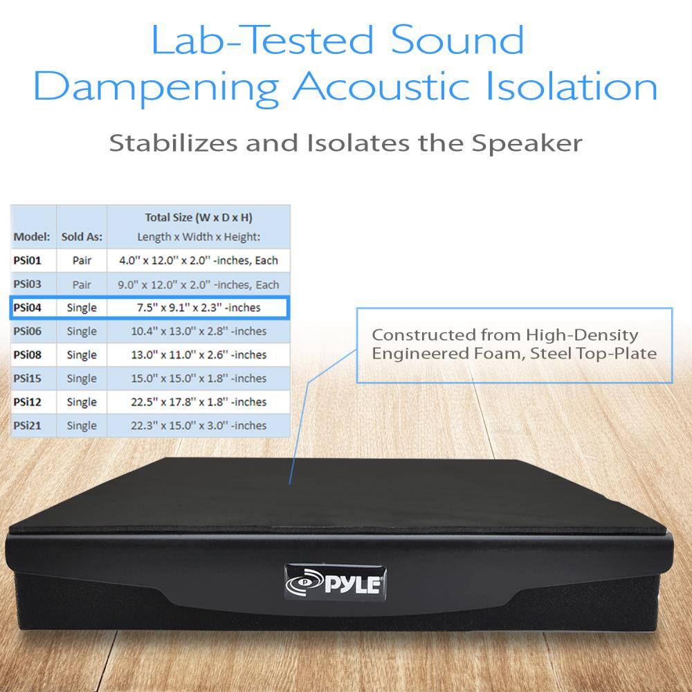Lab-Tested Sound Dampening Acoustic Isolation Stabilizes and Isolates the Speaker

Model: Sold As: Total Size (W x D x H) Length x Width x Height:
- PSi01 Pair: 4.0" x 12.0" x 2.0" - inches, Each
- PSi03 Pair: 9.0" x 12.0" x 2.0" - inches, Each
- PSi04 Single: 7.5" x 9.1" x 2.3" - inches
- PSi06 Single: 10.4" x 13.0" x 2.8" - inches
- PSi08 Single: 13.0" x 11.0" x 2.6" - inches
- PSi15 Single: 15.0" x 15.0" x 1.8" - inches
- PSi12 Single: 22.5" x 17.8" x 1.8" - inches
- PSi21 Single: 22.