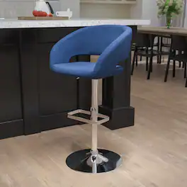 Emma + Oliver - Shae Contemporary Upholstered Adjustable Height Barstool with Rounded, Cutout Mid-Back and Pedestal Base - Blue Fabric/Chrome Frame