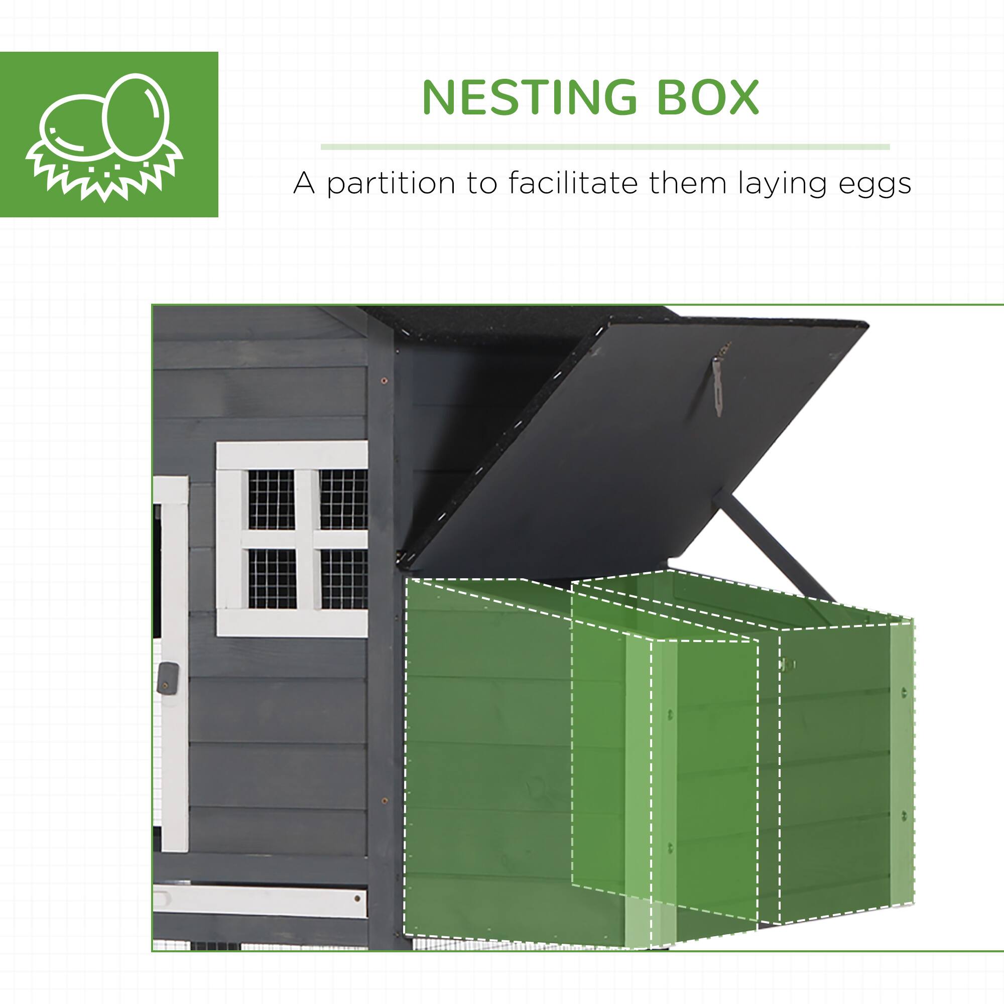 NESTING BOX

A partition to facilitate them laying eggs