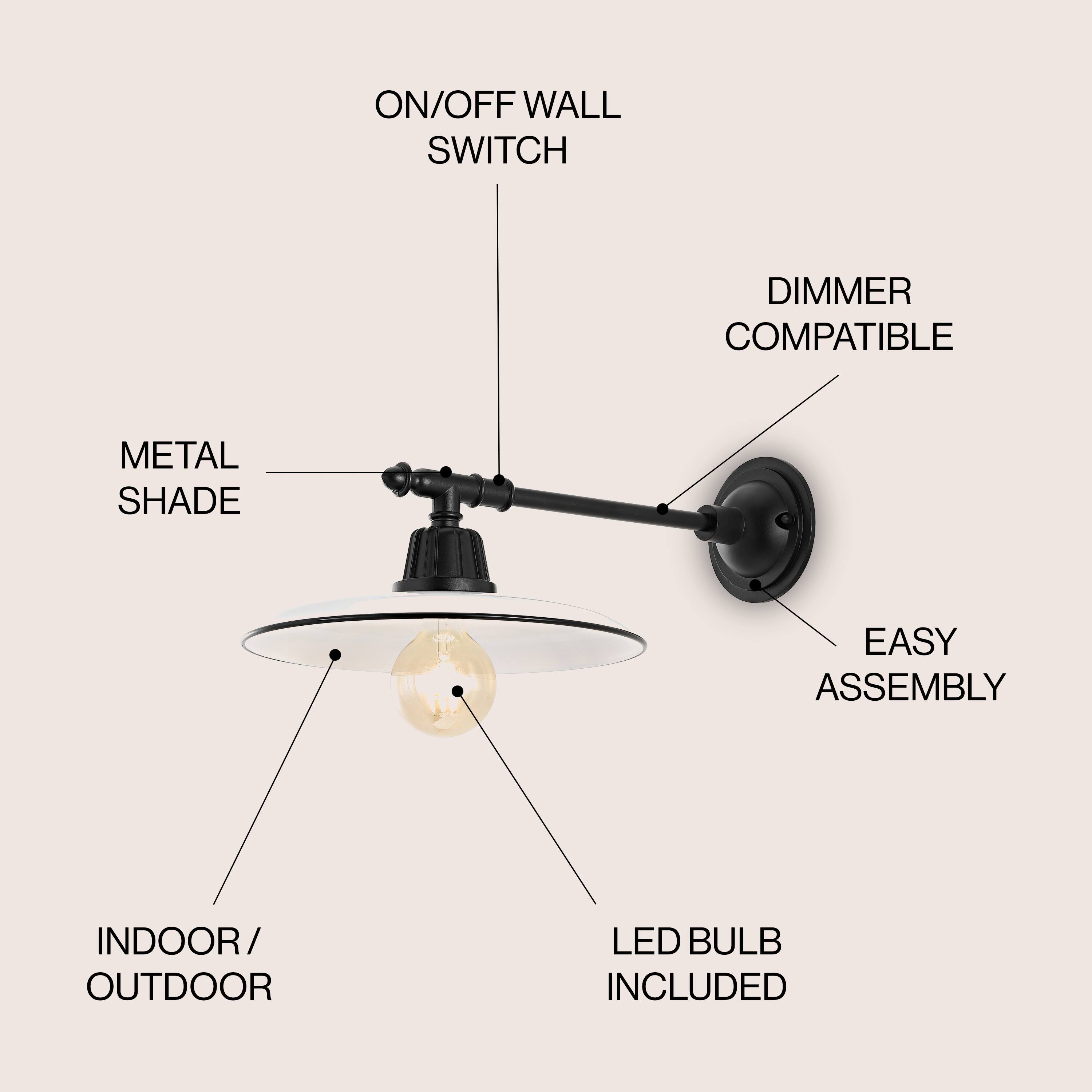 ON/OFF WALL SWITCH  
DIMMER COMPATIBLE  
METAL SHADE  
EASY ASSEMBLY  
INDOOR/OUTDOOR  
LED BULB INCLUDED