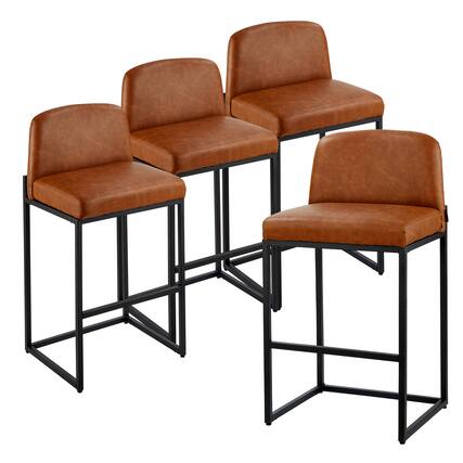 Front. VEVOR - Set of 4 Bar Stools, 27-Inch Counter Height Chairs with PU Leather Upholstery, Backrest, Metal Legs, Simple Assembly - Brown.