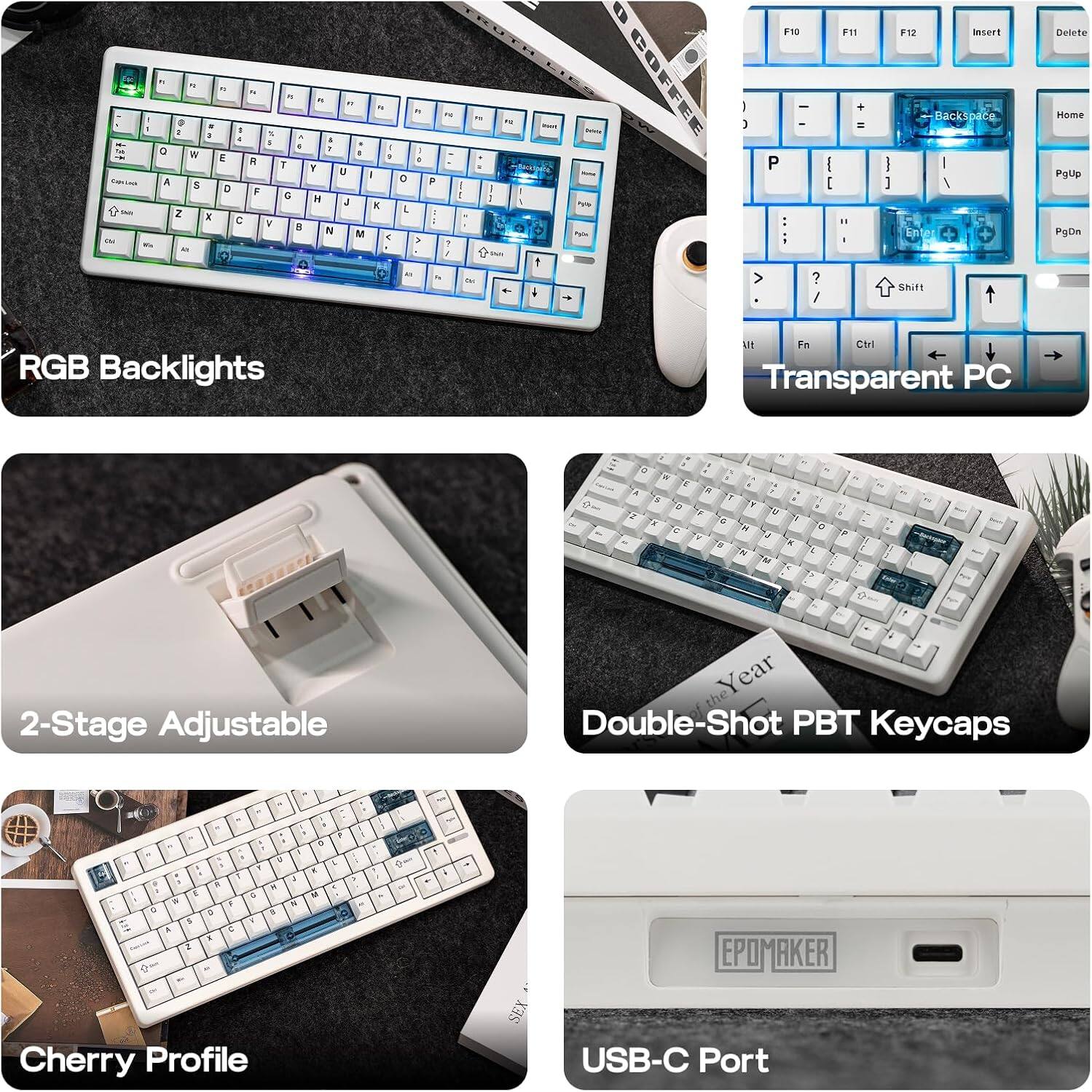 - RGB Backlights
- Transparent PC
- 2-Stage Adjustable
- Double-Shot PBT Keycaps
- Cherry Profile
- USB-C Port