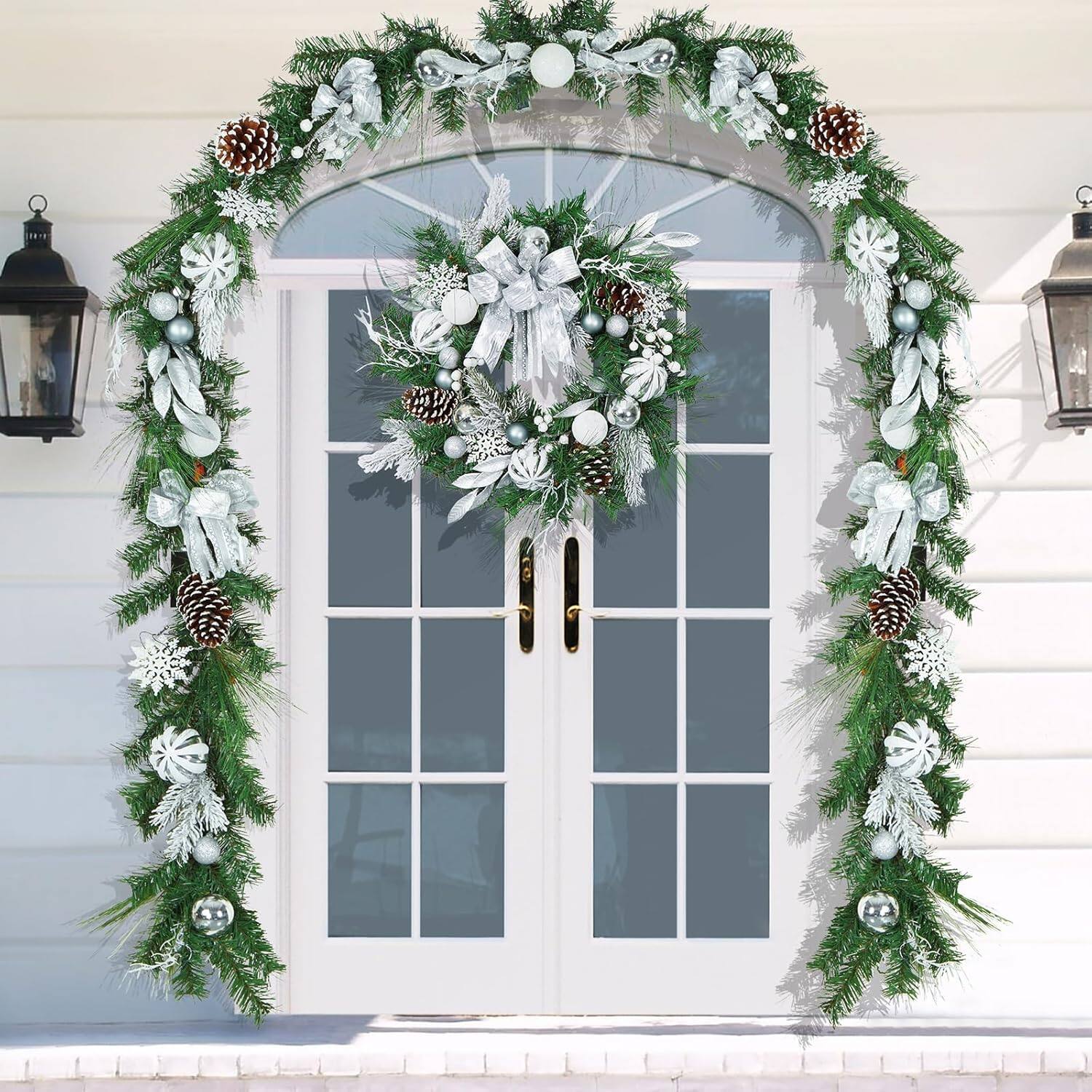 Front. GARVEE - 24" Christmas Wreath with Lights, Pre-Lit Front Door Christmas Wreath with Silver Bow, Pine Cone & Xmas Balls - Green.