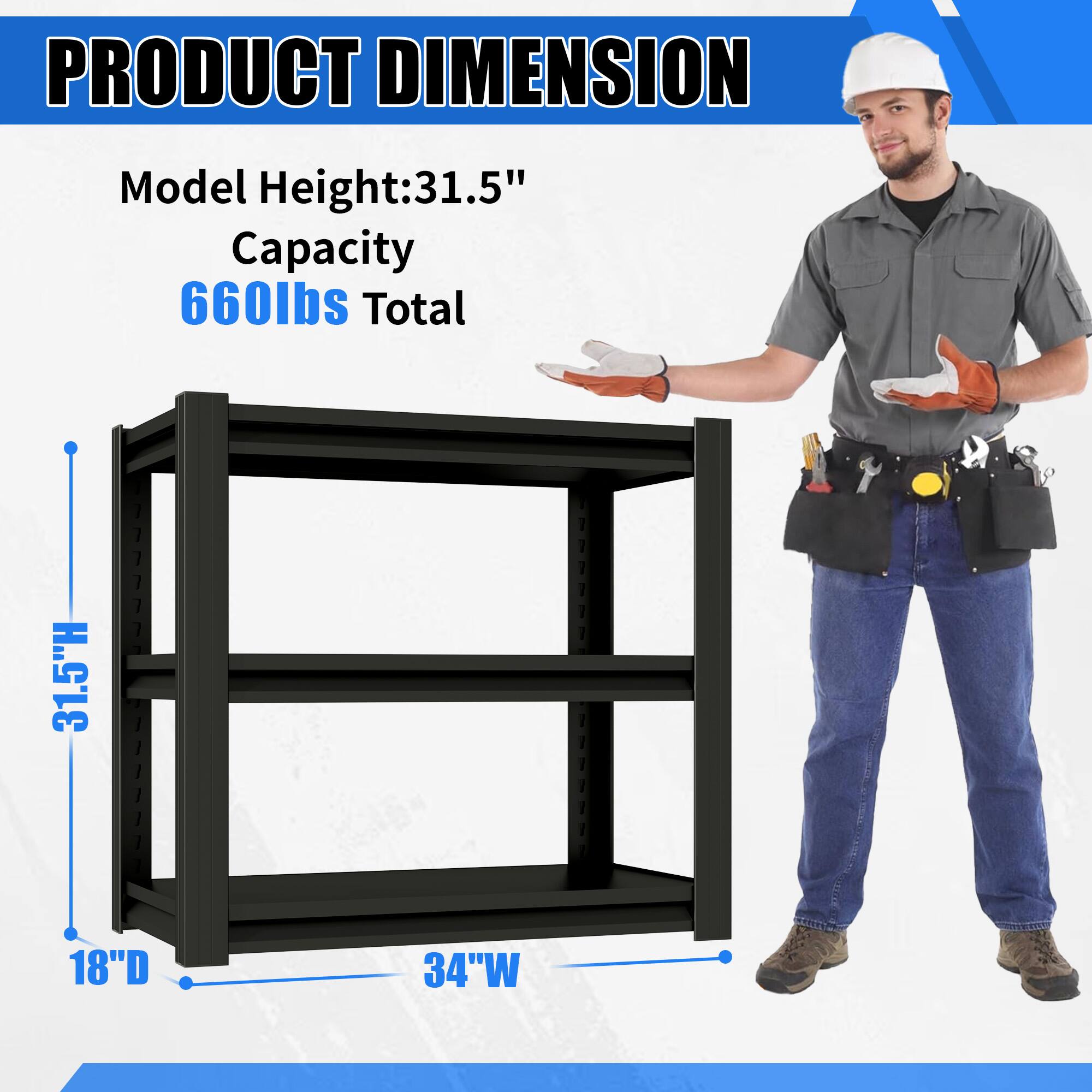 PRODUCT DIMENSION

Model Height: 31.5"  
Capacity: 660lbs Total

31.5"H  
18"D  
34"W
