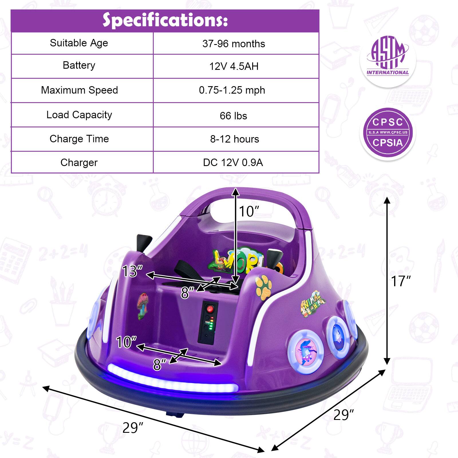 Specifications:

- Suitable Age: 37-96 months
- Battery: 12V 4.5AH
- Maximum Speed: 0.75-1.25 mph
- Load Capacity: 66 lbs
- Charge Time: 8-12 hours
- Charger: DC 12V 0.9A

Dimensions:
- 10"
- 13"
- 8"
- 10"
- 8"
- 17"
- 29"
- 29"

Certifications:
- ASTM INTERNATIONAL
- CPSC U.S. WWW.CPSC.US
- CPSIA

Additional Text:
- 2+2=4
- Y=Z
- X+VZ