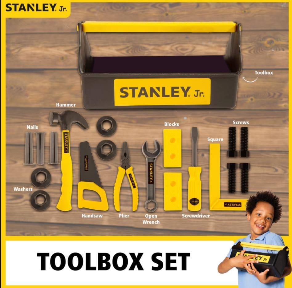 STANLEY Jr. Toolbox  
Hammer  
Blocks  
Screws  
Nails  
Washers  
Square  
Handsaw  
Plier  
Open Screwdriver  
Wrench  
Toolbox Set