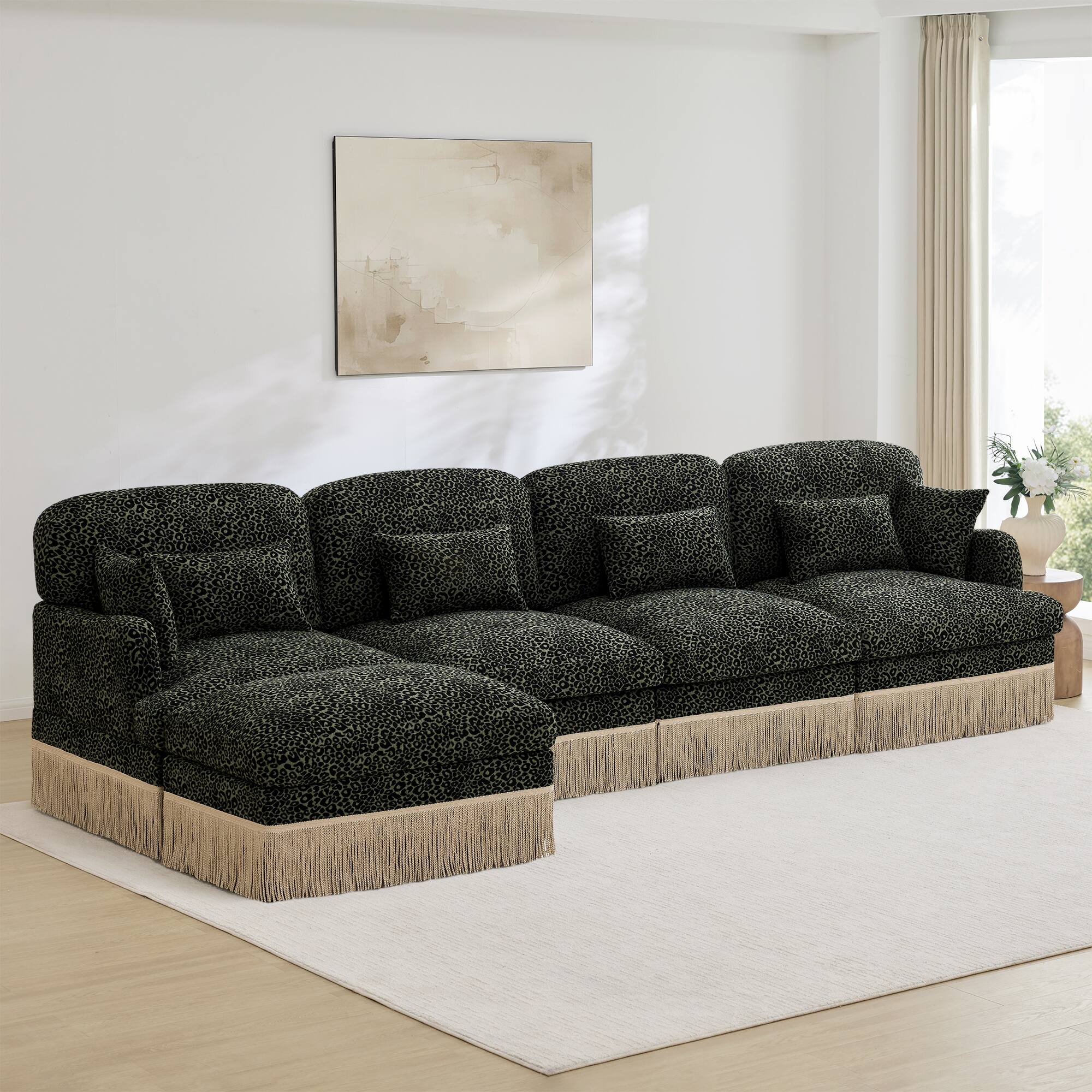 "Anysun - 131"" 4-Seater Flexible Modular Leopard Print Chenille L-Shaped Sofa with Tassel Edges & Movable Ottoman - Green" price history on PriceWatchPro